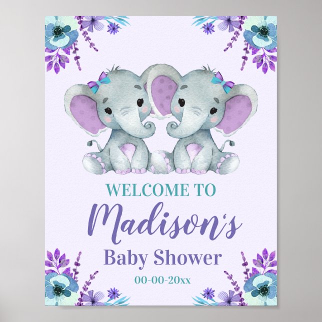 Twin Girl Elephant Welcome Sign Girl Shower Floral (Front)
