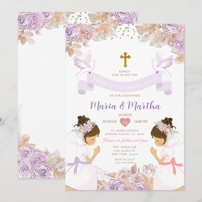 TWIN Girl First Holy Communion Purple Pink Floral Invitation (Front/Back)