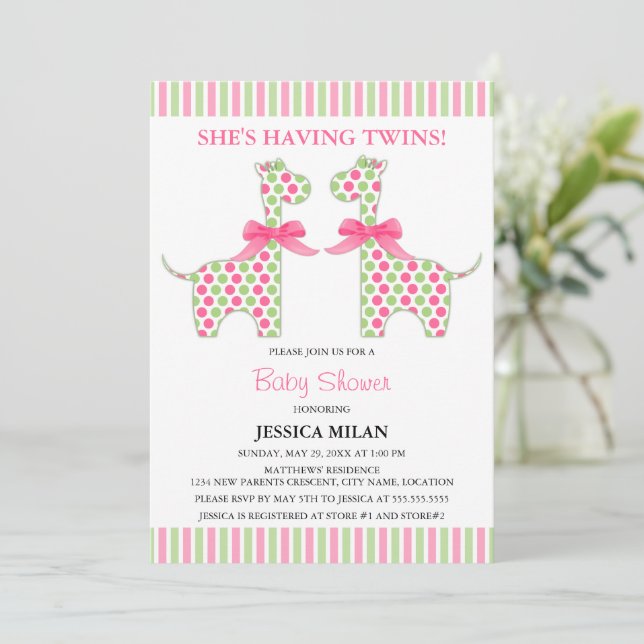 Twin Girl Giraffe Baby Shower Invitation (Standing Front)