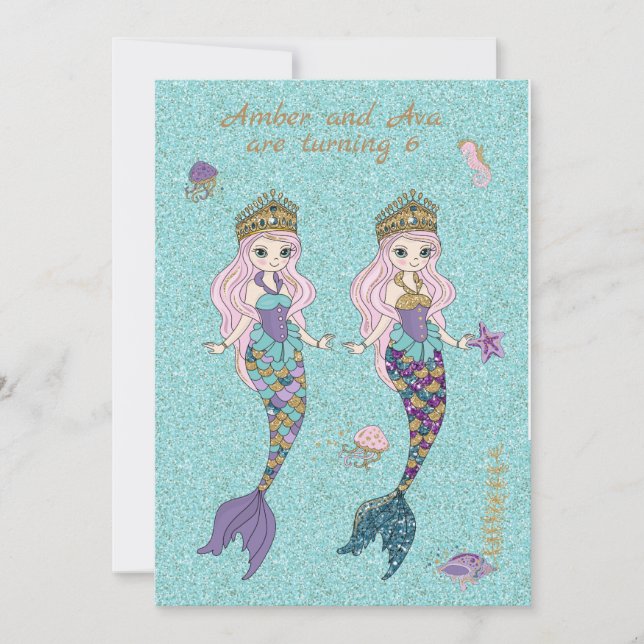 Twin Girl Mermaid Birthday Party Invitations (Front)