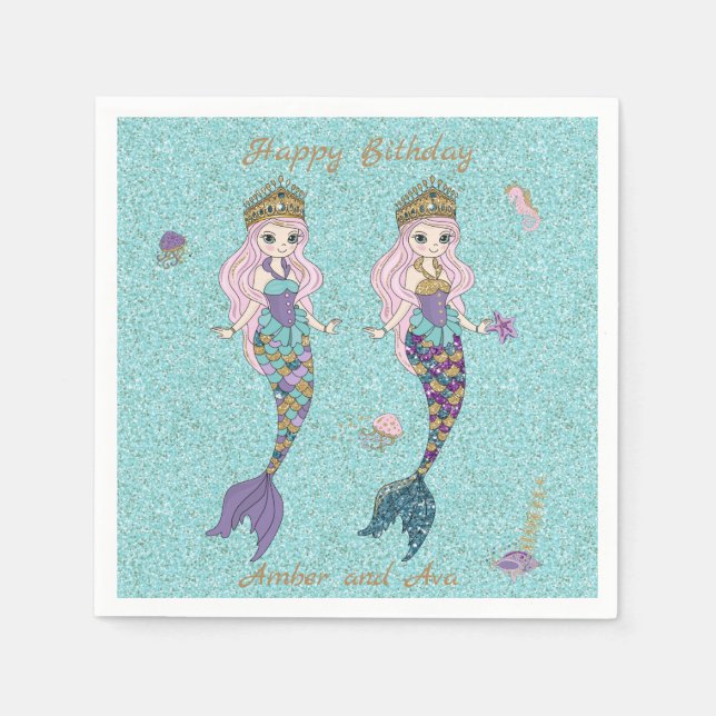 Twin Girl Mermaid Birthday Party Napkins (Front)