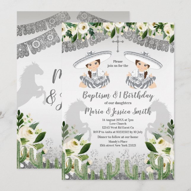  Twin Girl Mexican Silver Baptism and Birthday Invitation (Front/Back)
