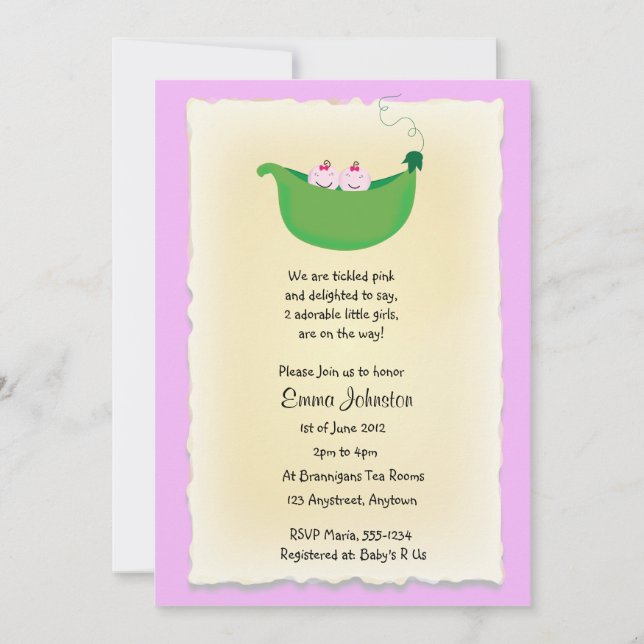 Twin Girl Peas in a Pod baby shower invite (Front)