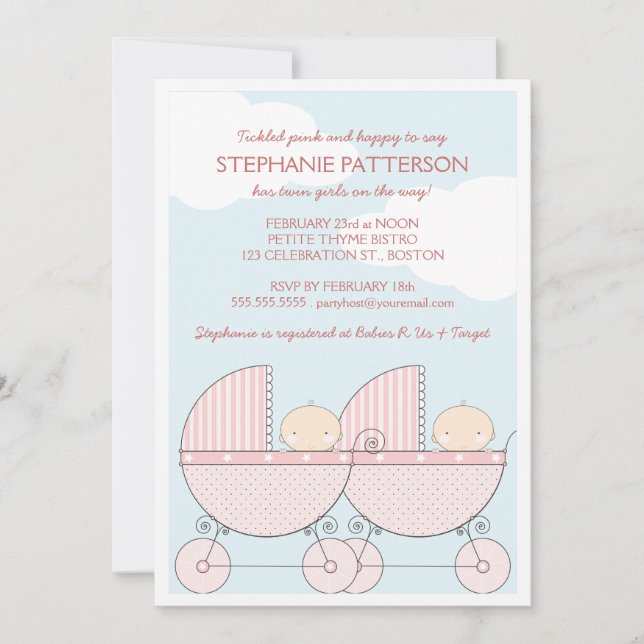 Twin Girl Pink Carriage Happy Baby Shower Invitation (Front)