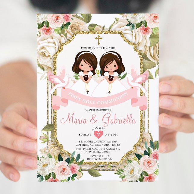 Twin Girl Pink Flowers First Holy Communion Gold Invitation (Creator Uploaded)