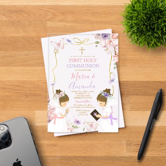 Twin Girl Pink Purple Butterfly 1st Holy Communion Acrylic Invitations (Insitu (Invitation Card))