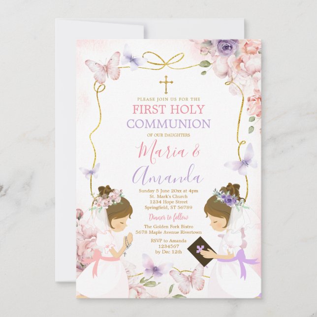 Twin Girl Pink Purple Butterfly 1st Holy Communion Invitation (Front)