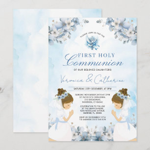 Twin Girl Praying 1st Holy Communion Blue Flowers Invitation