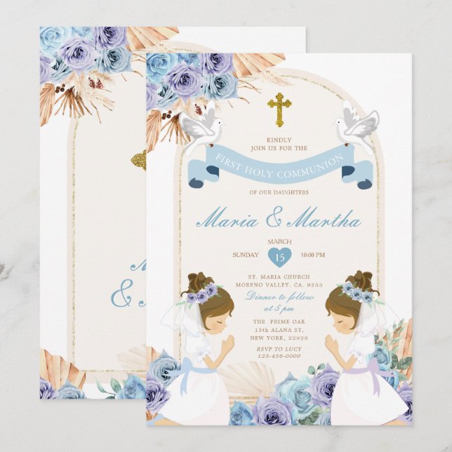 TWIN Girl Praying First Holy Communion Blue Floral Invitation (Front/Back)