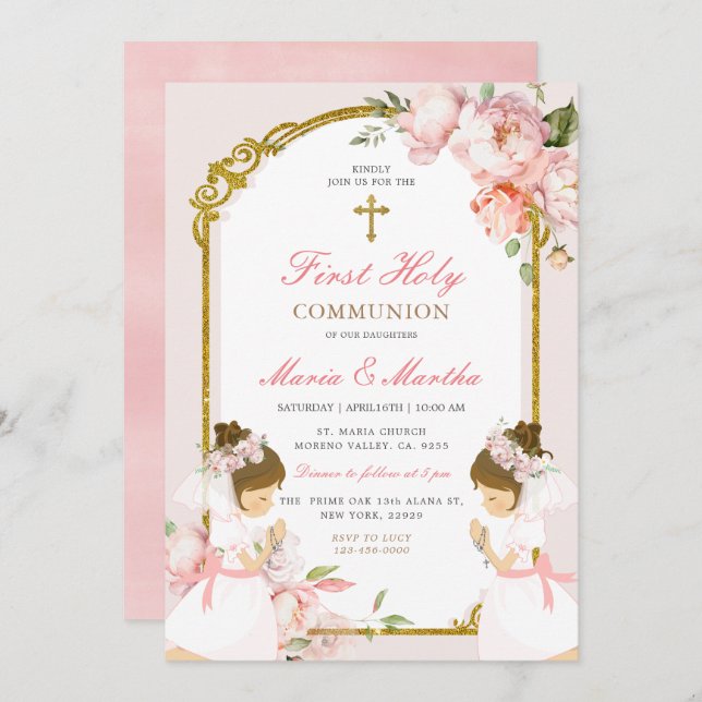 TWIN Girl Praying First Holy Communion Pink Floral Invitation (Front/Back)