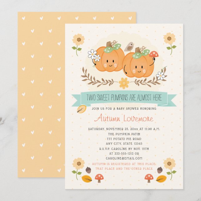 Twin Girl Pumpkin Baby Shower Invitations (Front/Back)