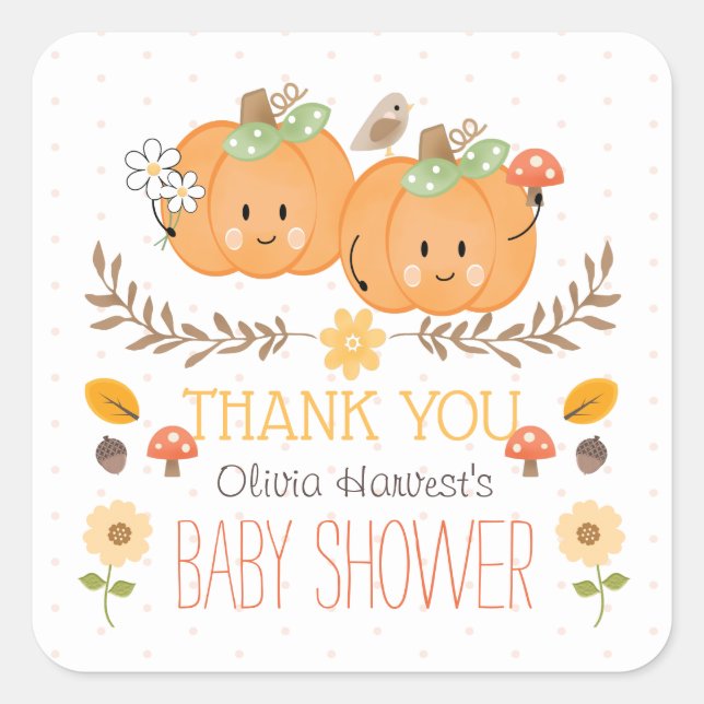 Twin Girl Pumpkin Baby Shower Thank You Stickers (Front)