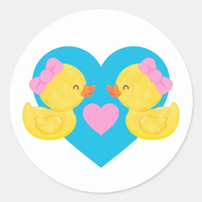 Twin Girl Watercolor Rubber Duck Round Stickers (Front)