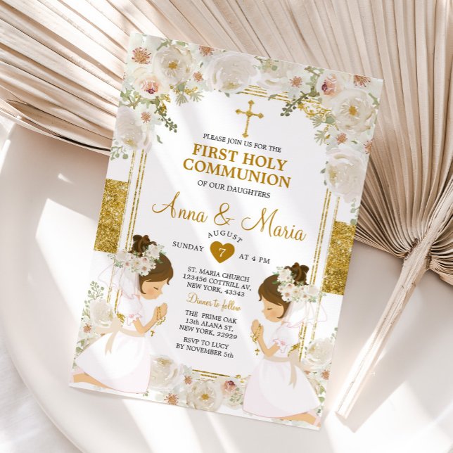 Twin Girl White Flower 1st Holy Communion Invitation (Creator Uploaded)