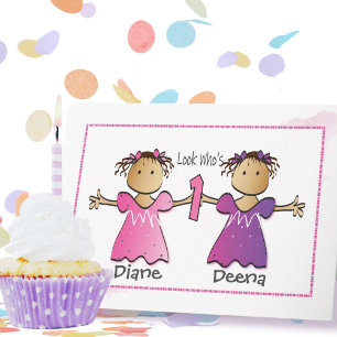 Twin Girls 1st Birthday Ethnic Sweet Personalised  Card