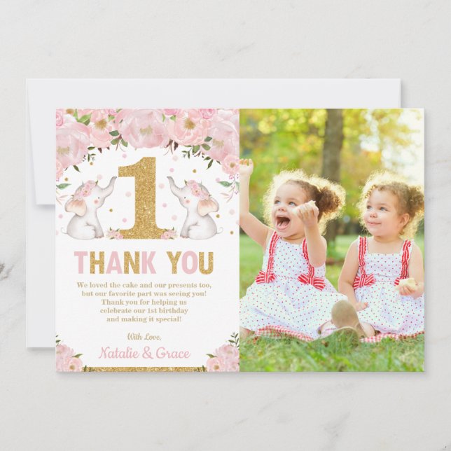 Twin Girls 1st Birthday Pink Floral Elephant Photo Thank You Card (Front)