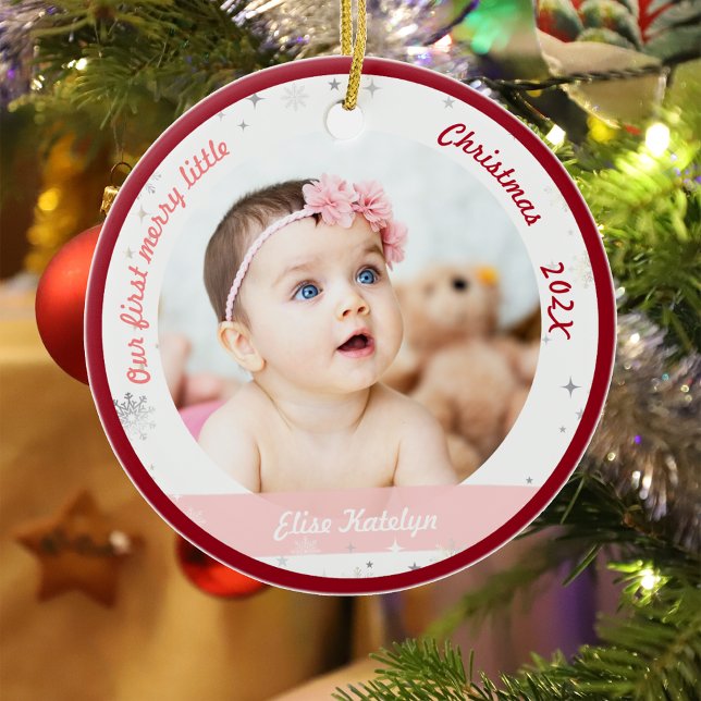 Twin Girls 2 Photos First Merry Little Christmas Ceramic Tree Decoration (Modern Elegant Cute Our First Merry Little Christmas Twins Baby Girls 2 Photos Snowflakes Red Frame)