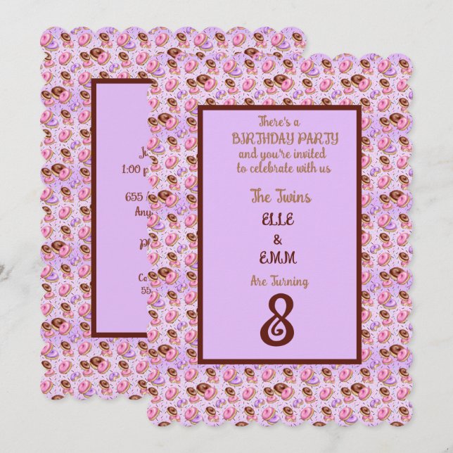 Twin Girls 8th Birthday Party Invitation (Front/Back)
