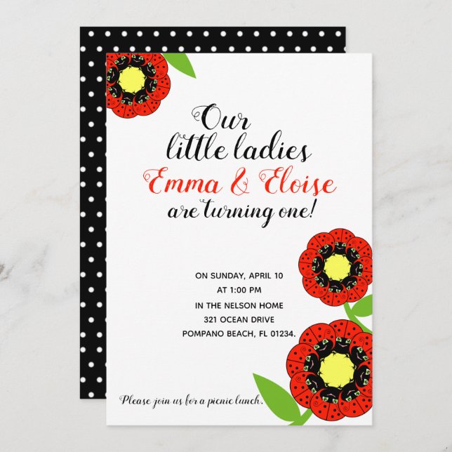 twin girls ANY AGE ladybug BIRTHDAY PARTY picnic Invitation (Front/Back)