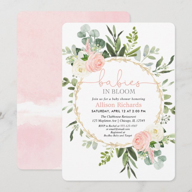 Twin girls babies in bloom pink gold greenery invitation (Front/Back)