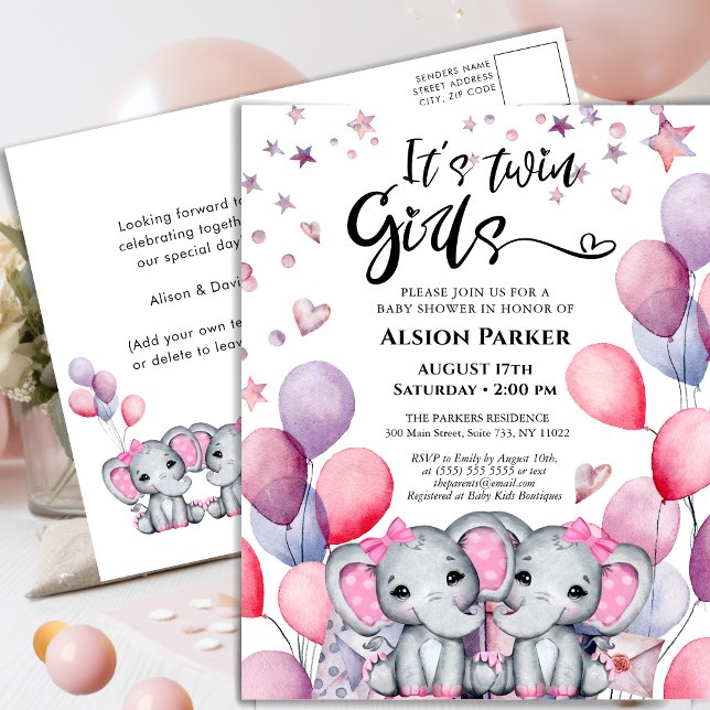 Twin Girls Baby Elephant Pink Balloon Baby Shower Invitation Postcard (Creator Uploaded)