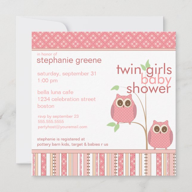 Twin Girls Baby Owl PInk Baby Shower Invitation (Front)