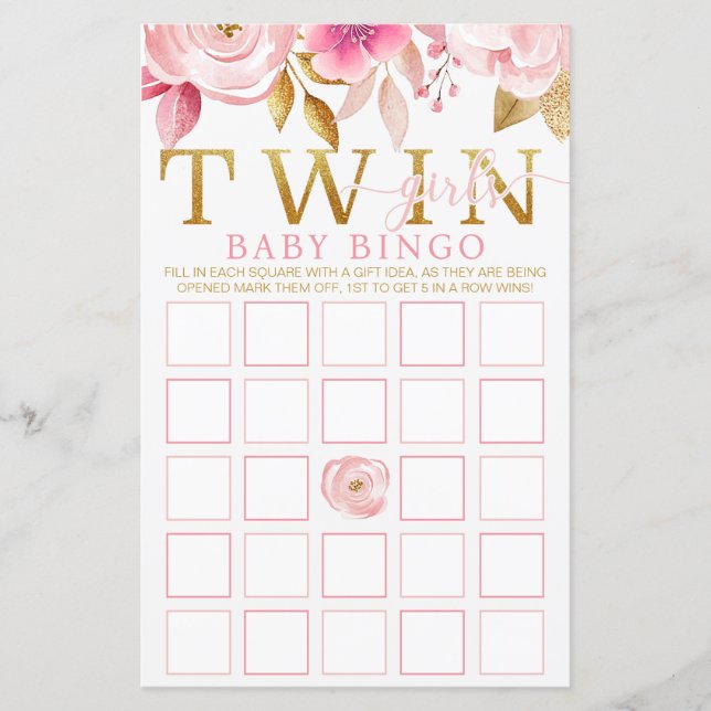 Twin Girls Baby Shower Bingo Game – Pink & Gold (Front)