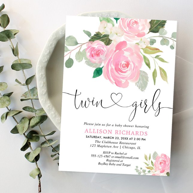 Twin girls baby shower blush pink green floral invitation (Creator Uploaded)