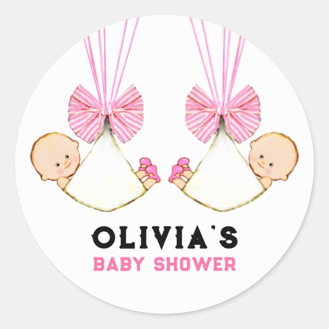 Twin Girls Baby Shower Classic Round Sticker (Front)