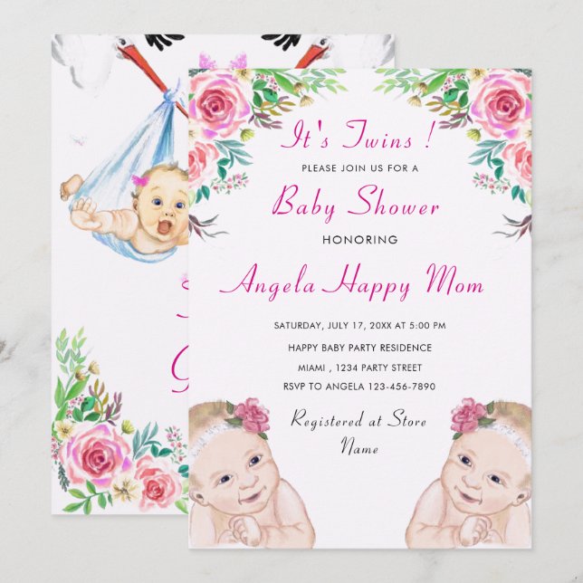 Twin Girls Baby Shower Invitation (Front/Back)