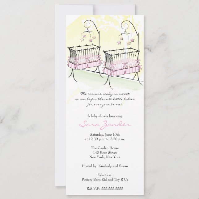 Twin Girls Baby Shower Invitation - Baby Cribs (Front)