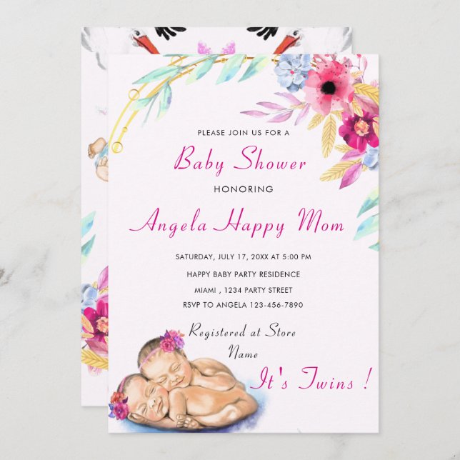 Twin Girls Baby Shower Invitation - Custom Colour (Front/Back)
