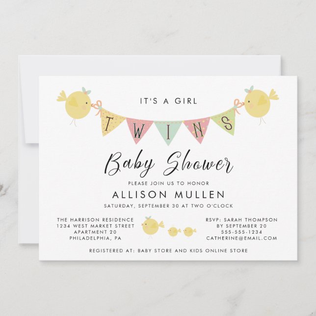 Twin Girls Baby Shower | Mummy Bird & Chicks Invitation (Front)