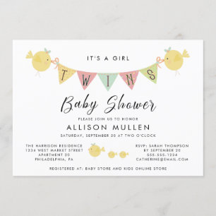 Twin Girls Baby Shower Mummy Bird & Chicks Invitation