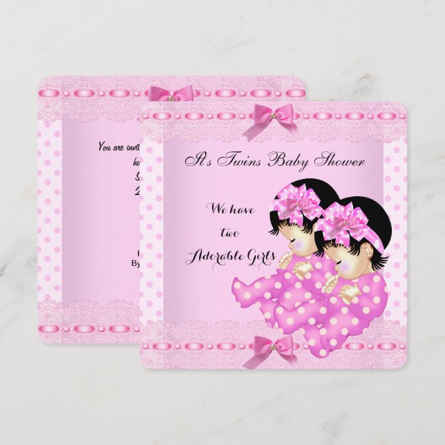 Twin Girls Baby Shower Pink Polka Dots Invitation (Front/Back)