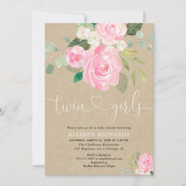 Twin girls baby shower rustic blush pink floral invitation (Front)