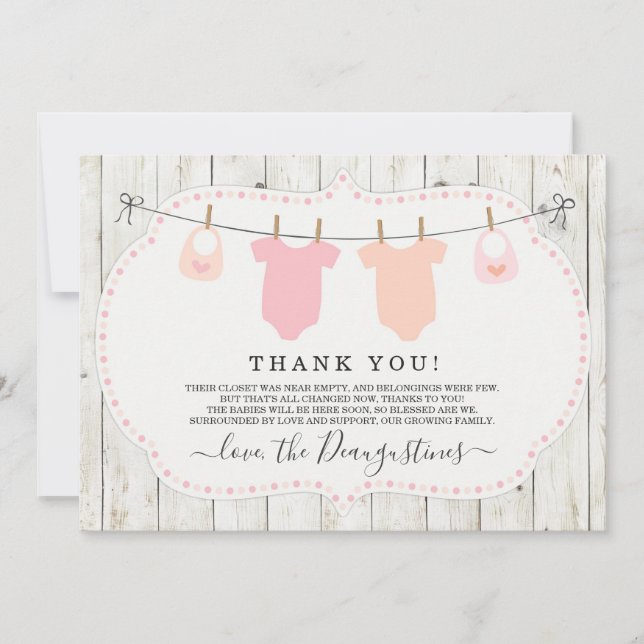 Twin Girls Baby Shower Thank You Card - Rustic (Front)
