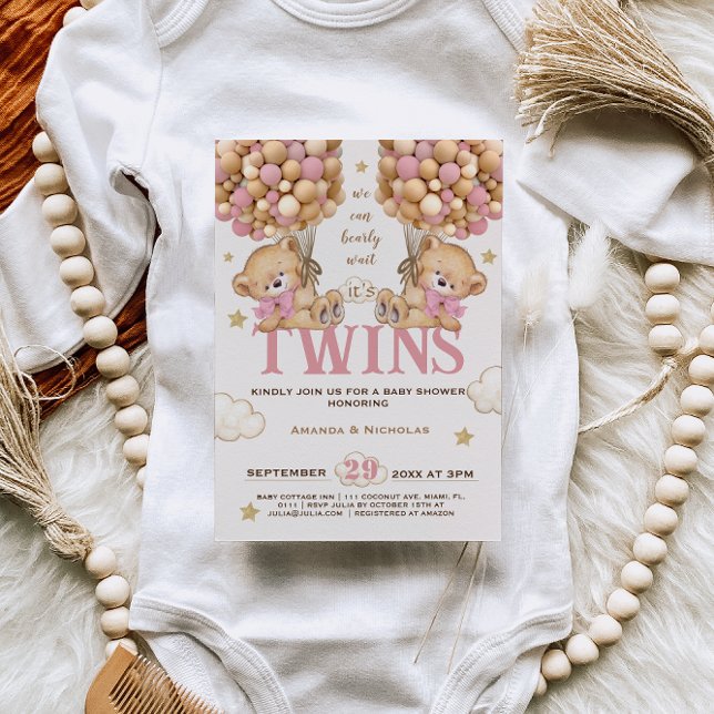 Twin Girls Bear Bearly Wait Baby shower Invitation (Creator Uploaded)