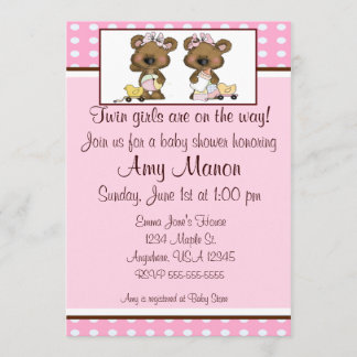 Twin girls bears personalised baby shower invites