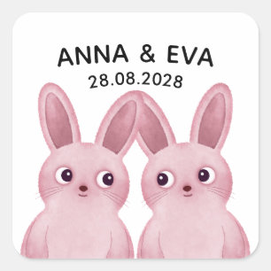 Twin girls Birthday Party with Pink Bunnies Square Sticker