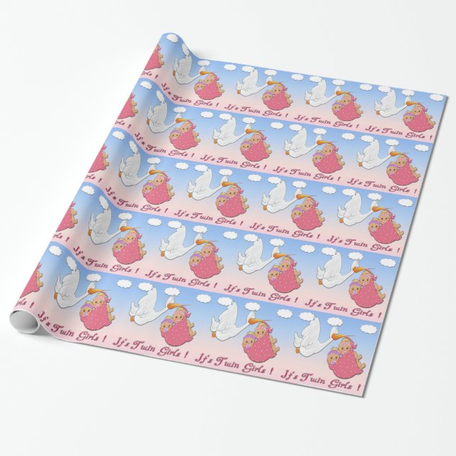 Twin Girls Blonde - Stork Baby Shower Wrapping Pap Wrapping Paper (Unrolled)