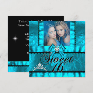 Twin Girls Blue Teal Sweet Sixteen Sweet 16 Invitation