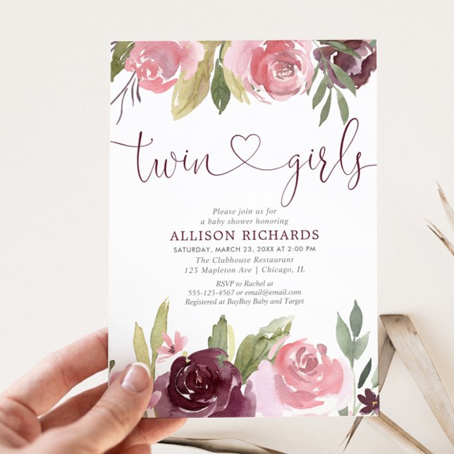 Twin girls Blush burgundy girl baby shower floral Invitation (Creator Uploaded)