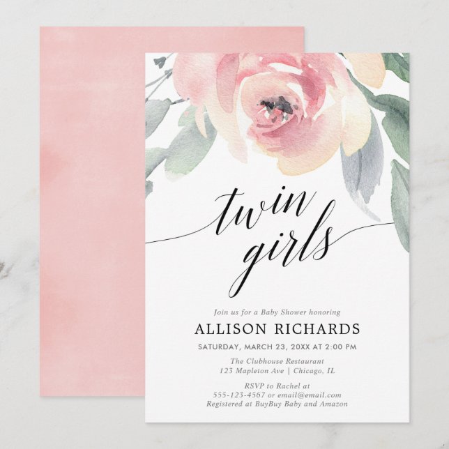 Twin girls blush pink elegant floral watercolor invitation (Front/Back)