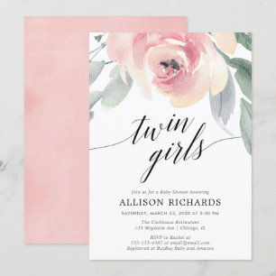 Twin girls blush pink elegant floral watercolor invitation