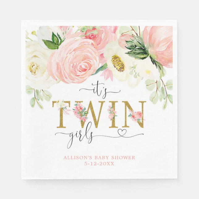 Twin girls blush pink floral baby shower napkin (Front)