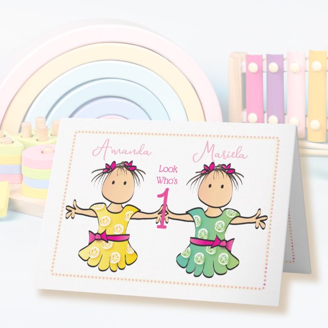 Twin Girls Brown Hair Cute Cartoon 1st Birthday Card (Creator Uploaded)
