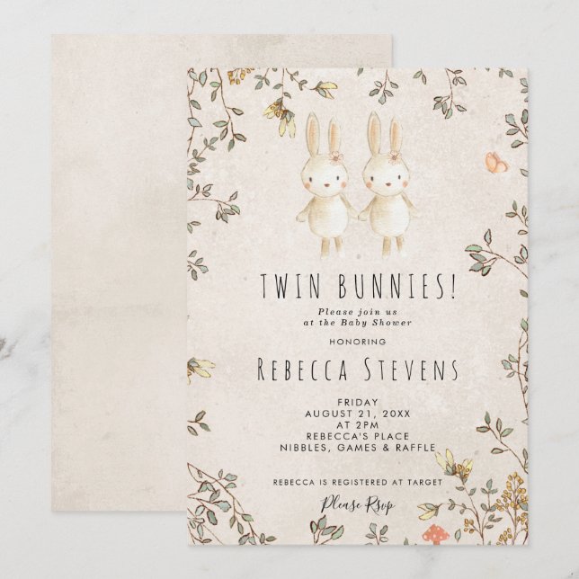 twin girls bunny wildflower baby shower invitation (Front/Back)