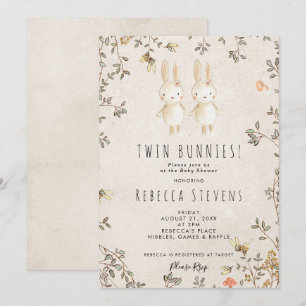 twin girls bunny wildflower baby shower invitation