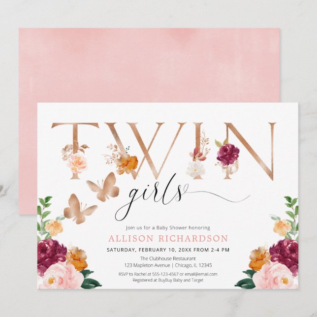 Twin girls butterfly rose gold pink elegant floral invitation (Front/Back)